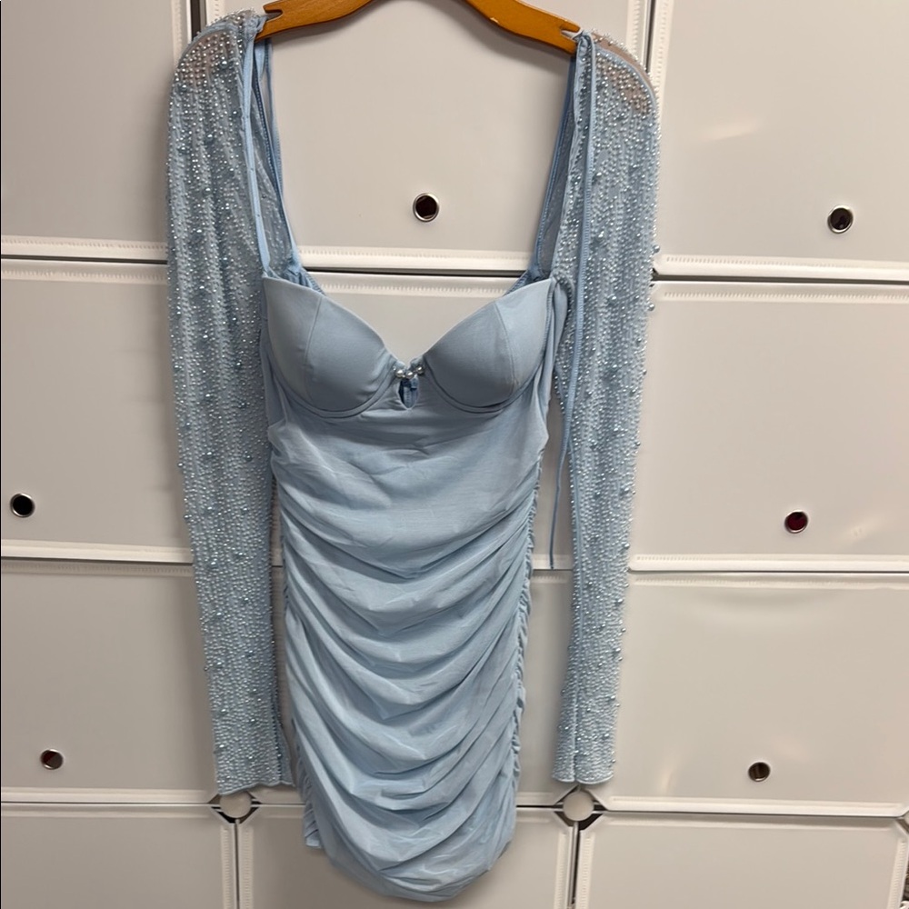 Oh Polly Blue Ruched Long Sleeve Bodycon Dress
